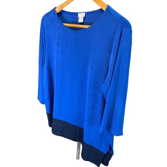 Chicos Travelers Blue Black Asymmetrical Hem Flowing Pullover Top Sz XL - Picture 3 of 8